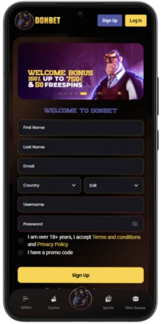 Casino login form with email and password
